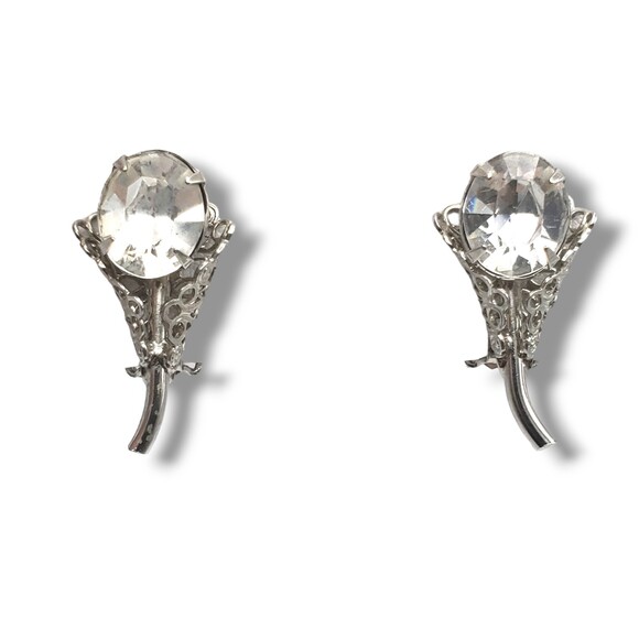 Silver Tone Filigree Oval Faceted Prong Set Rhinestone Clip On Earrings Floral - Picture 1 of 8